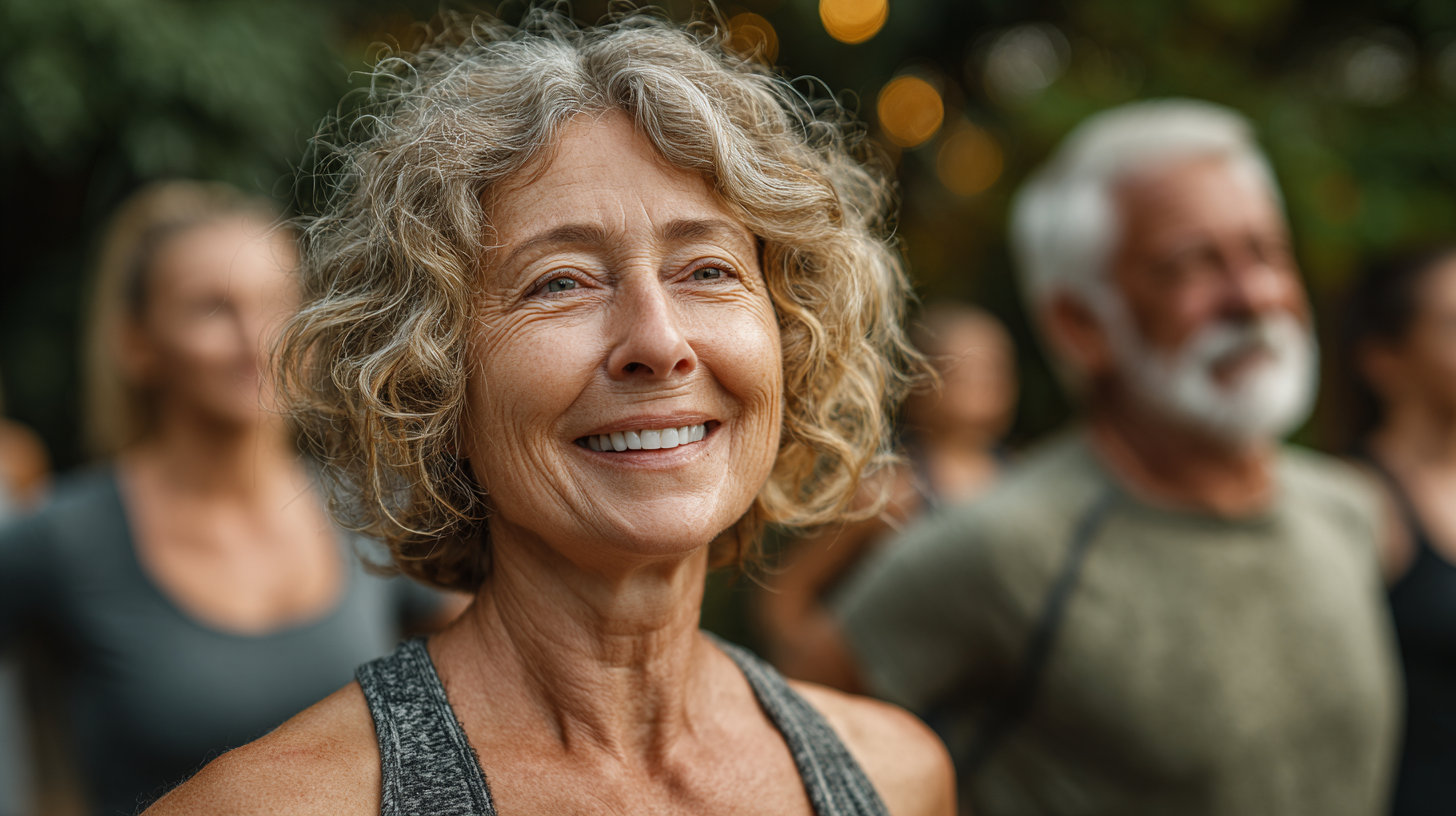 Група людей зрілого віку займається фітнесом на природі