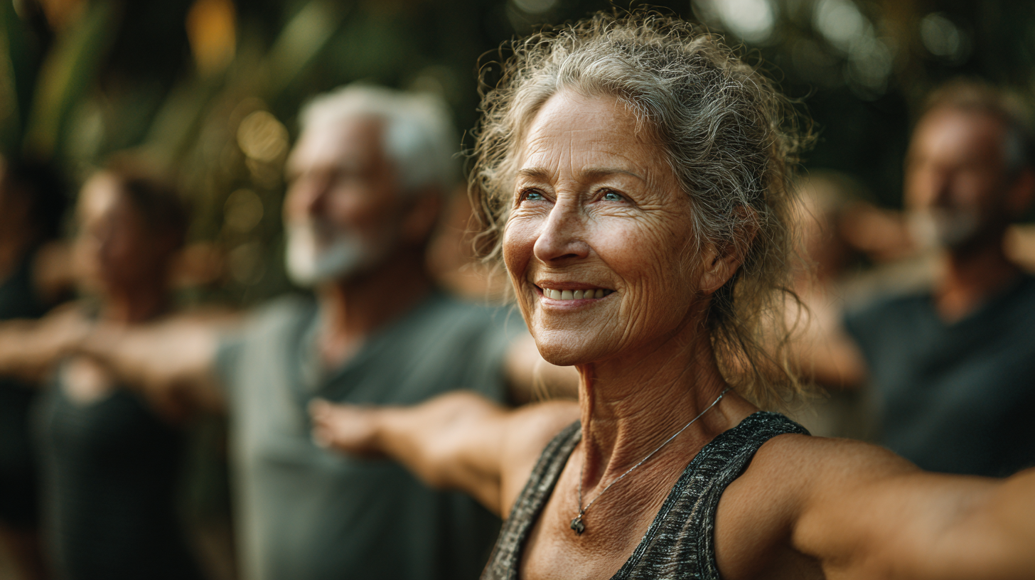 Тренер працює з групою людей зрілого віку в парку